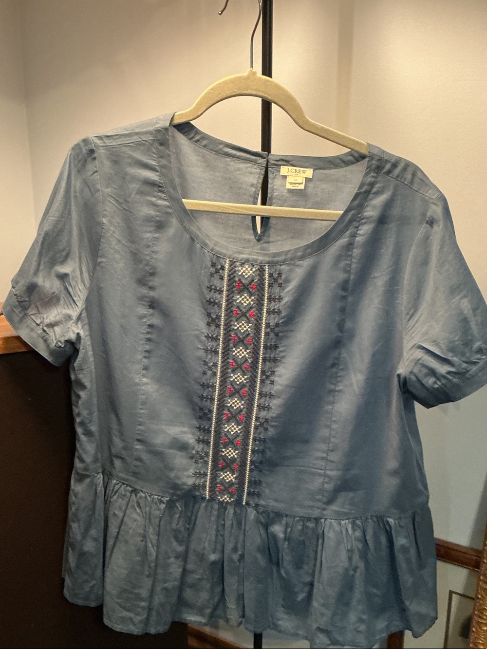 J. Crew Slate Blue Embroidered Peplum Blouse